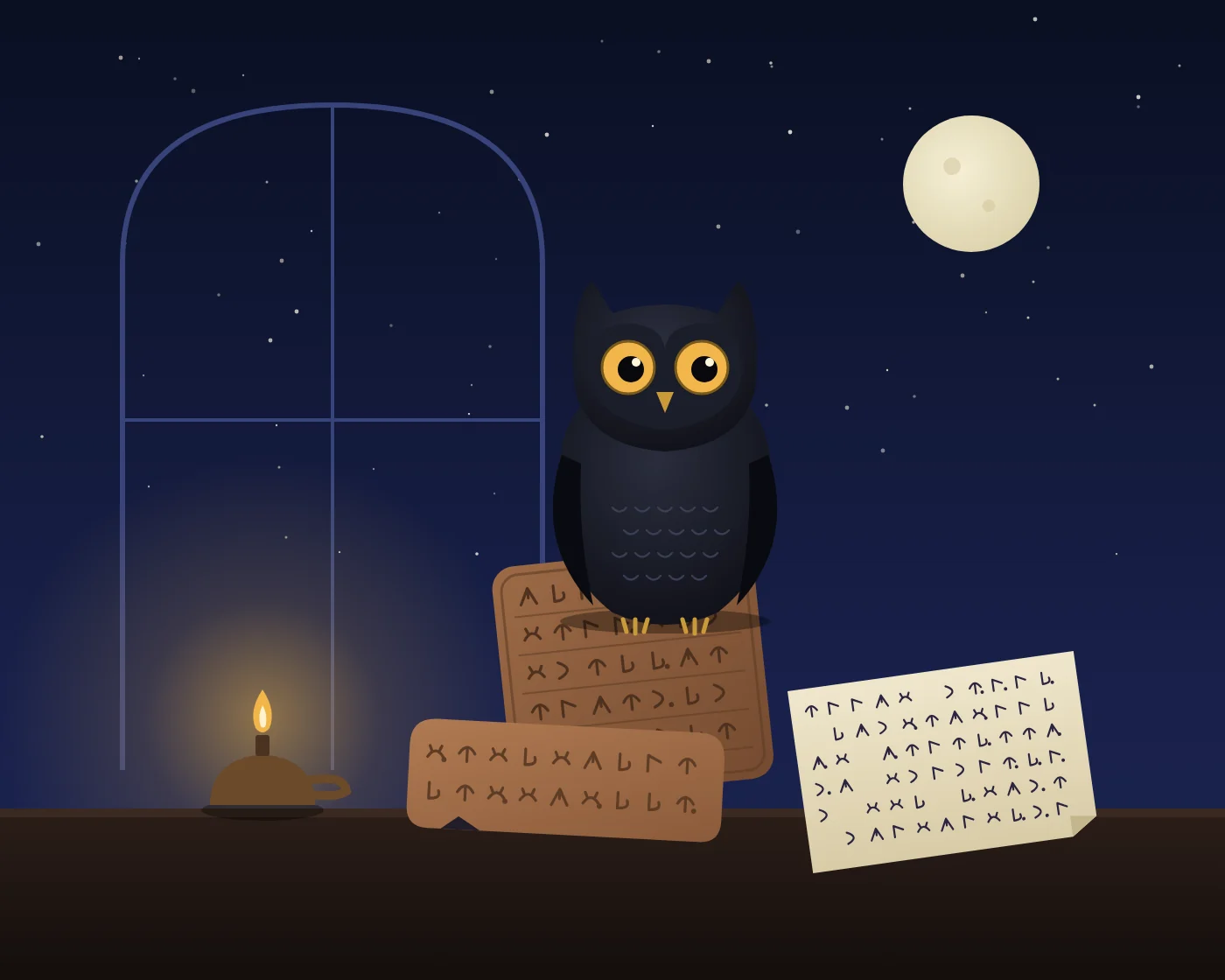 Eine schwarze Eule sitzt nachts auf einer alten Tontafel mit unlesbaren Zeichen, daneben ein Blatt mit verschlüsselten Zeichen und eine brennende Öllampe, im Hintergrund ein Bogenfenster und der Mond.